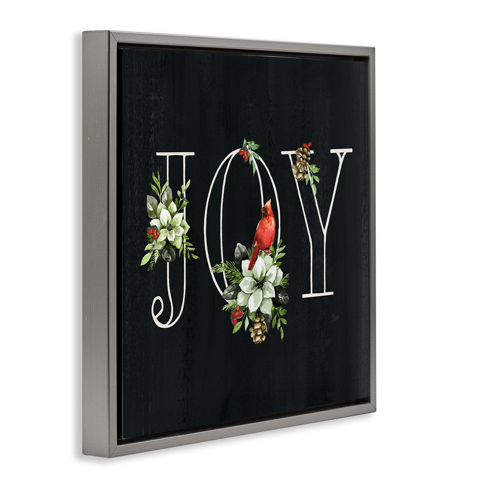 Stupell Industries Joy Letters with Florals Holiday Painting Gray Floater Framed Canvas Art Prints Wall Art, 25 x 25