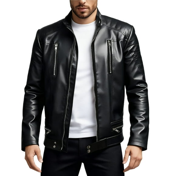 Birdeem Men's Solid Color Fashion Zipper Pocket Windproof Warm Long Sleeve Faux Leather Jacket, Jackets for Men, Leather Jacket Men