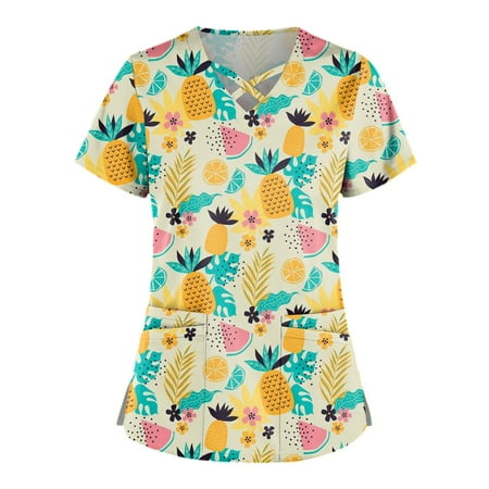 

KSCYKKKD Womens Shirts Plus Size Cute Printed Scrub Working Uniform Tops For Women Cross V-Neck Short Sleeve Fun T-Shirts Workwear Tee with Double Pockets Yellow S