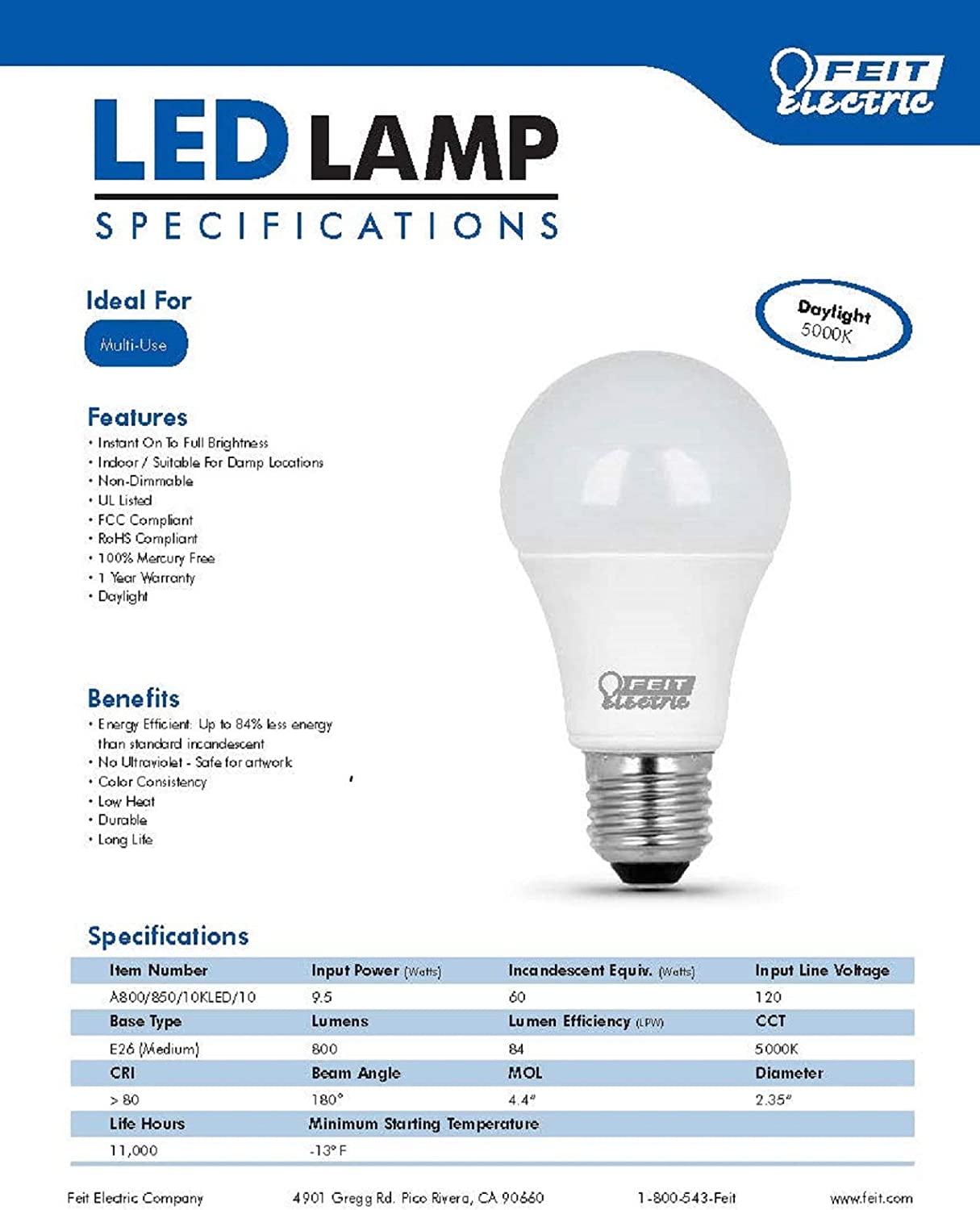 FEIT 60W LED Bulbs Non Dimmable 800L 5K 10PK