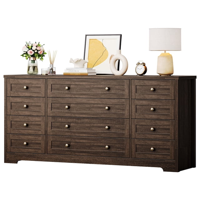 Cómoda moderna de madera maciza con 12 cajones - Mueble ancho y resistente para dormitorio, sala o pasillo - Ideal para TV hasta 65'' - 160x75 cm - Color antiguo oscuro