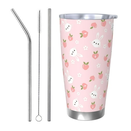 

Logiee Rabbit And Peach Print 20OZ Car Cup with Lid Stainless Steel Vacuum Insulated Double Wall Travel Tumbler Durable Insulated Coffee Mug Thermal Cup with Straw-Straw Three-piece Set