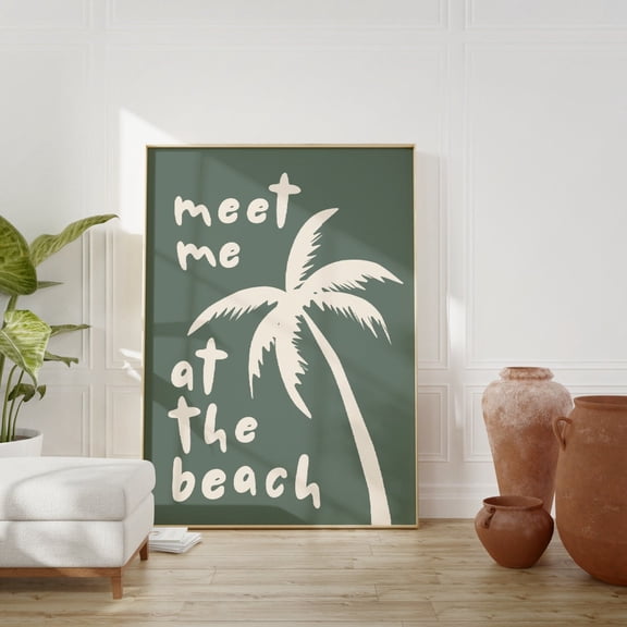 Meet Me At The Beach Sage Green Coastal Wall Art, Unframed Paper Print Size 8x12