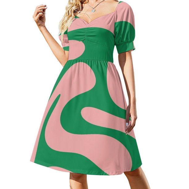 Vestido de fiesta de manga corta abstracto moderno retro rosa y verde con remolinos, vestido de noche 2025 para mujer