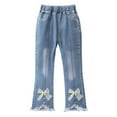 thumbnail image 2 of Girls Jeans Light Blue Bootcut Elastic Waist Bow & Pearl Detail Frayed Hem Pants for Kids 2-13 Years,Size 5-6 T, 2 of 6
