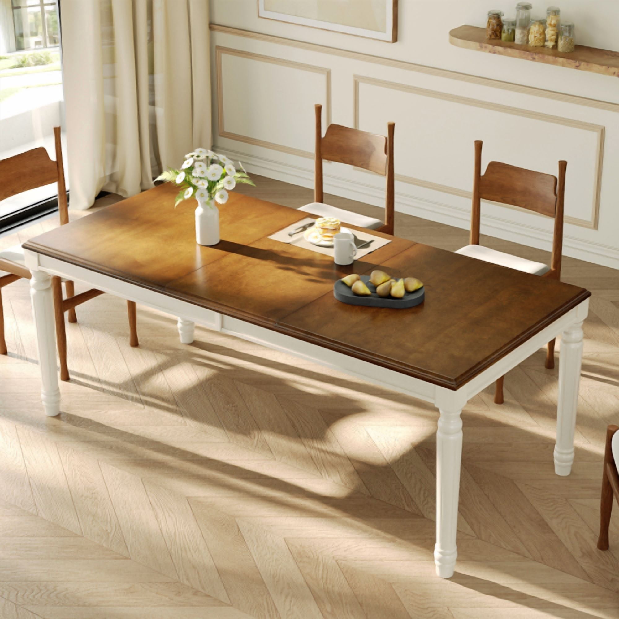 78.7" Traditional Rectangular Dining Table with Framed Wood Top & Turned Rubberwood Legs, Natural