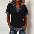 thumbnail image 2 of Dwellite Denim Shirt for Women Short Sleeve Denim Top Collared V Neck Buttons Decor Dressy Casual Blouse Black L, 2 of 6