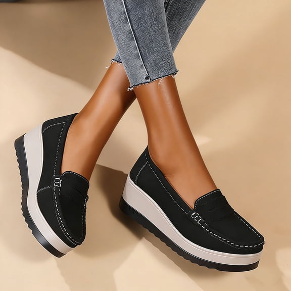 BLTIBY Women's Thick Sole Suede Wedge Loafers Comfortable Anti Slip Arch Support Casual Walking Shoes Black 36