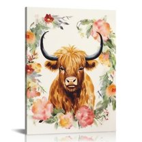 COMIO  Baby Girls Highland Cow Boho Floral Wall Art Prints, Retro Flower Nursery Canvas Pictures Kids Toddler Room Decor, Farm Animal Yak Poster