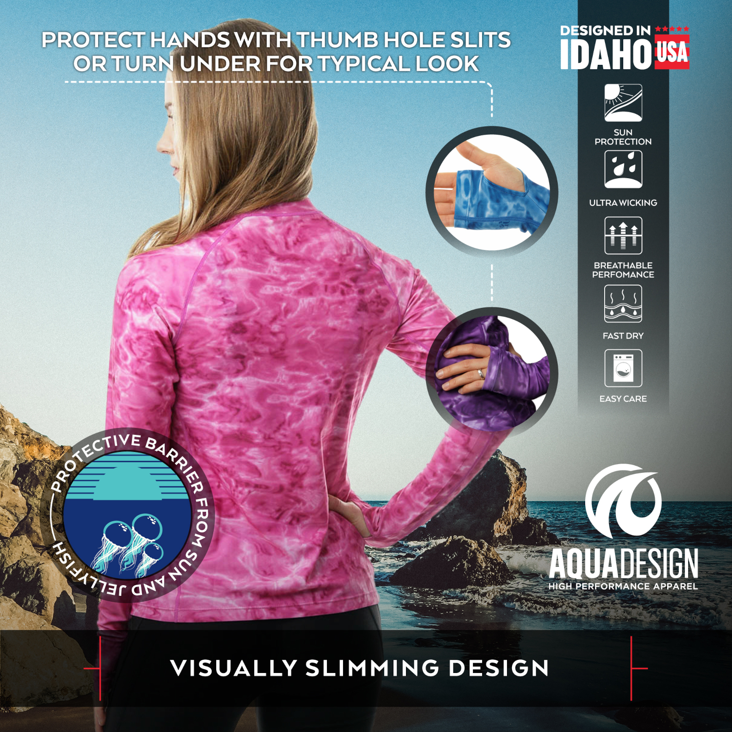 Aqua Design Women Long Sleeve Sun Protection Rash Guard Swim Surf Snorkel Shirt with Thumb Holes: Pink Water size 5XL - image 4 of 6