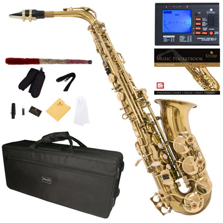 Mendini by Cecilio Eb Alto Sax w/Tuner, Case, Mouthpiece, 10 Reeds, Pocketbook and 1 Year Warranty, MAS-L Gold Lacquer E Flat (Best Alto Saxophone Brands)