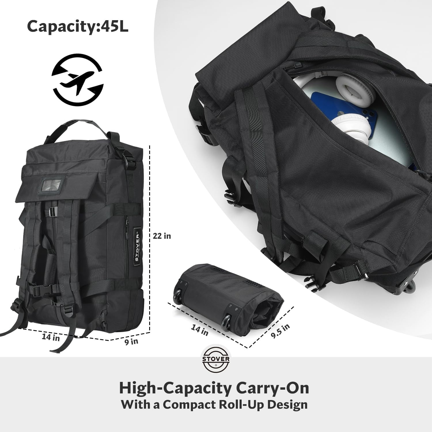 ZJQYDS 45/80/100L Carry-On Rolling Duffel Bag with Wheels, Medium Durable Travel Duffle w/Toiletry Bag, Packable, Foldable with Shoulder Straps- Use as Luggage or Backpack, Men/Women (Black)