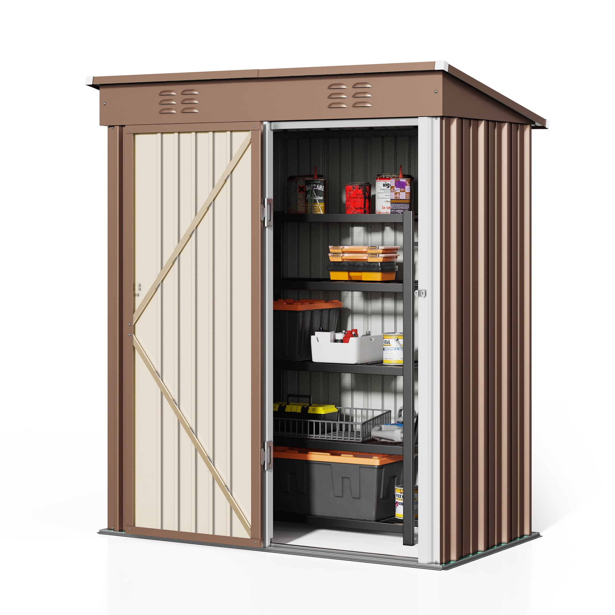 Asofer 5' x 3' FT Outdoor Storage Metal Shed,Small shed with 2 Lockable Door, Brown