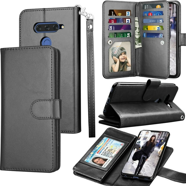 LG V40 Case, LG V40 ThinQ Wallet Case, LG V40 Carrying Case, Tekcoo Luxury ID Cash Credit Card Slots Holder PU Leather Folio Flip Cover Cases [Detachable Magnetic Hard Case] Kickstand - Black
