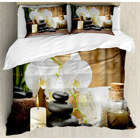 Spa Themed Duvet Cover Set, Relaxing Concept Arrangement Print of Stones Candle Flowers and Branches, Decorative 3 Piece Bedding Set with 2 Pillow Shams, Calking Size, White Black Green, by Ambesonne