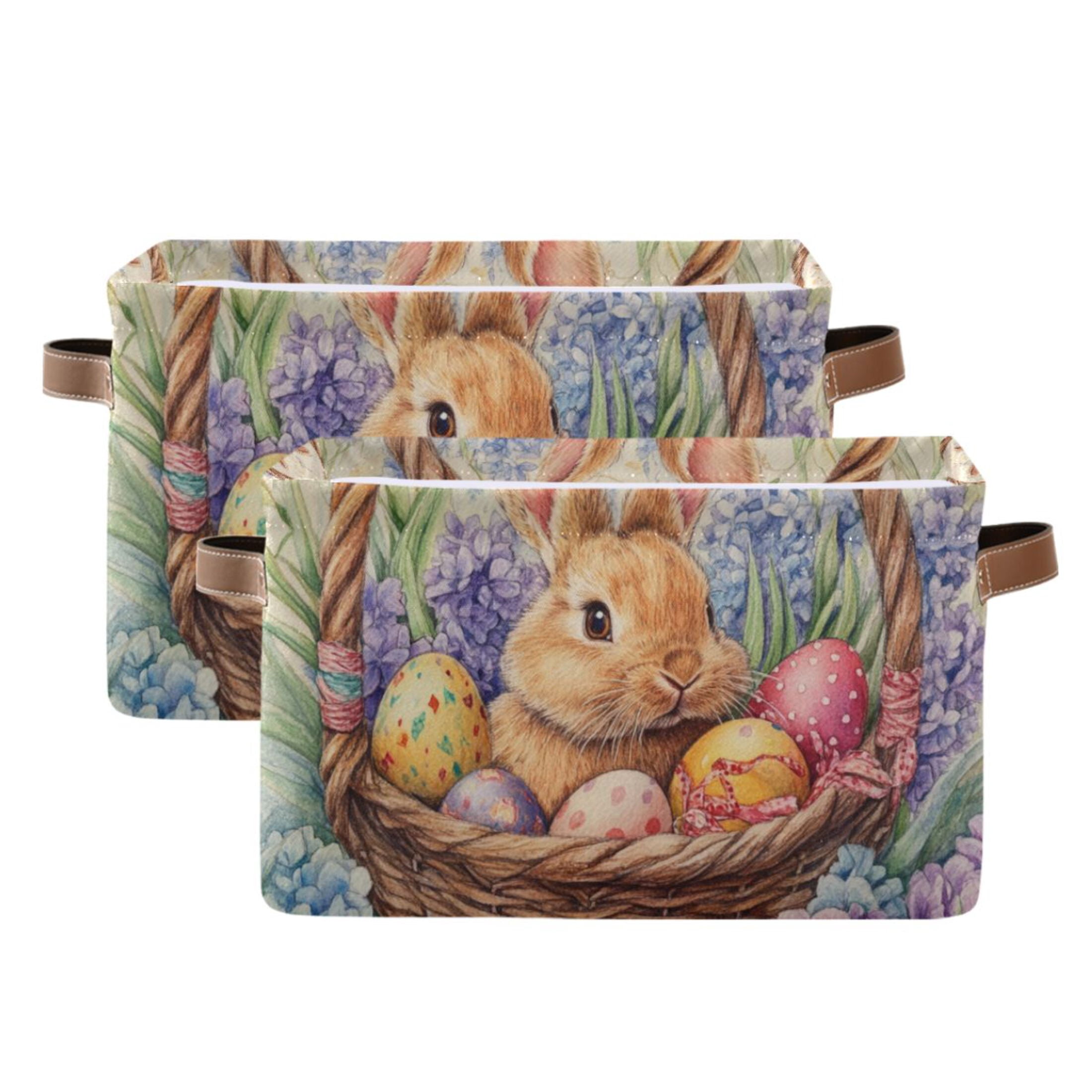 WOBOGO Easter Bunny Square Storage Basket with Waterproof Canvas and PE Lining Durable PU Leather Handles 14.2×10.2×8.3in