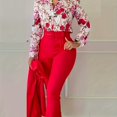 thumbnail image 1 of Conjunto De Dos Piezas Elegante, Blusa De Manga Larga Con Cuello En V Estampada Con Flores Y Pantalones Cónicos Con Cinturón Sólido, Ropa De Mujer, 1 of 4