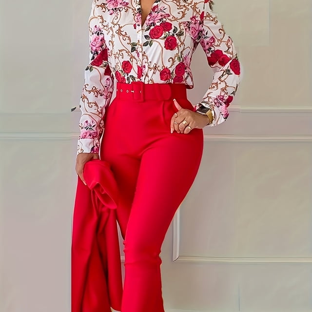 Conjunto De Dos Piezas Elegante, Blusa De Manga Larga Con Cuello En V Estampada Con Flores Y Pantalones Cónicos Con Cinturón Sólido, Ropa De Mujer