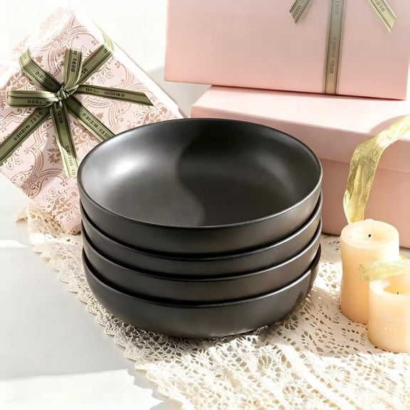 Tikooere Pasta Bowls Wide Shallow Stoneware Ceramic Matte Black Microwave Dishwasher Safe Set of 4, 34 oz Large