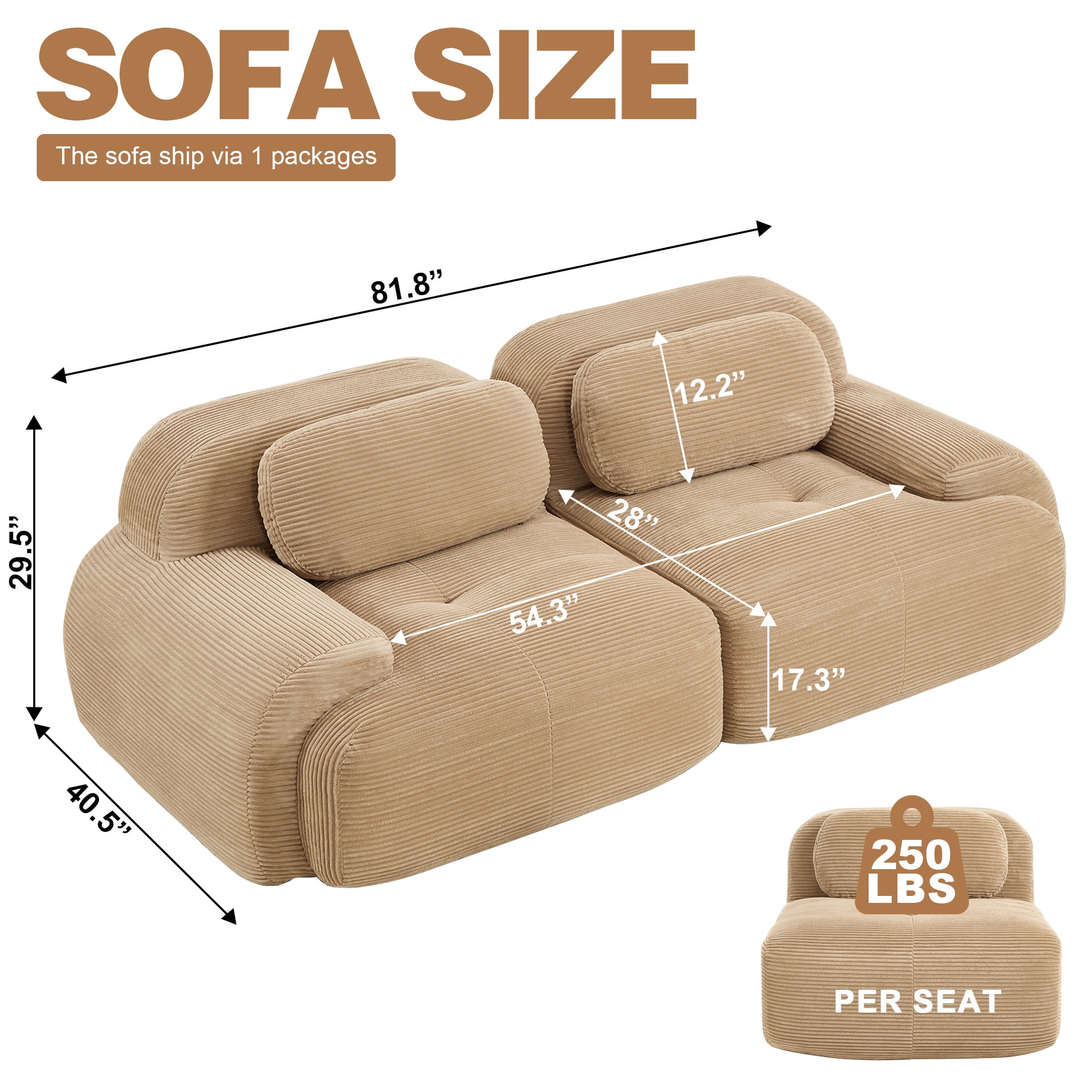 Aukfa 82" Modular Sectional Sofa, 28" Deep Seats, Corduroy Fabric, Cloud-Comfort Loveseat, Coffee