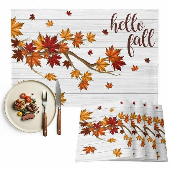 Fall Thansgiving Placemats Set of 6, Orange Maple Leaf Table Mats Washable Heat-Insulation Non-Slip Place Mats for Kitchen Dinner Table Indoor Outdoor Decor,13x19 Inch White Wood Texture