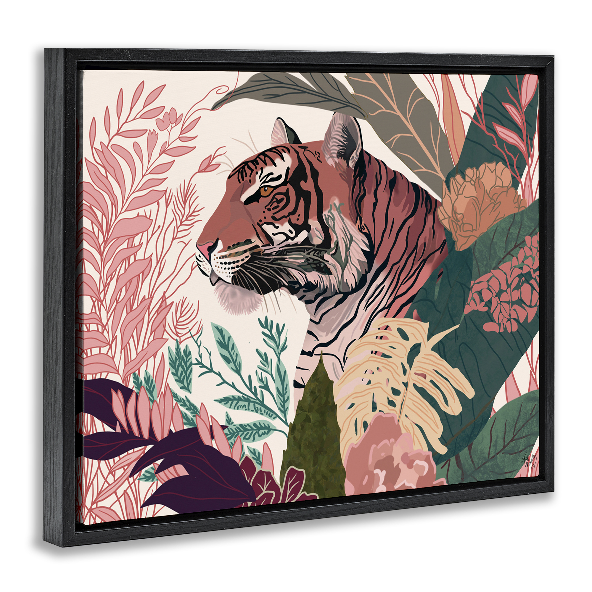 Stupell Industries Tiger Peeking from Leaves Animals & Insects Painting Black Floater Framed Canvas Art Print Wall Art, 21 x 17