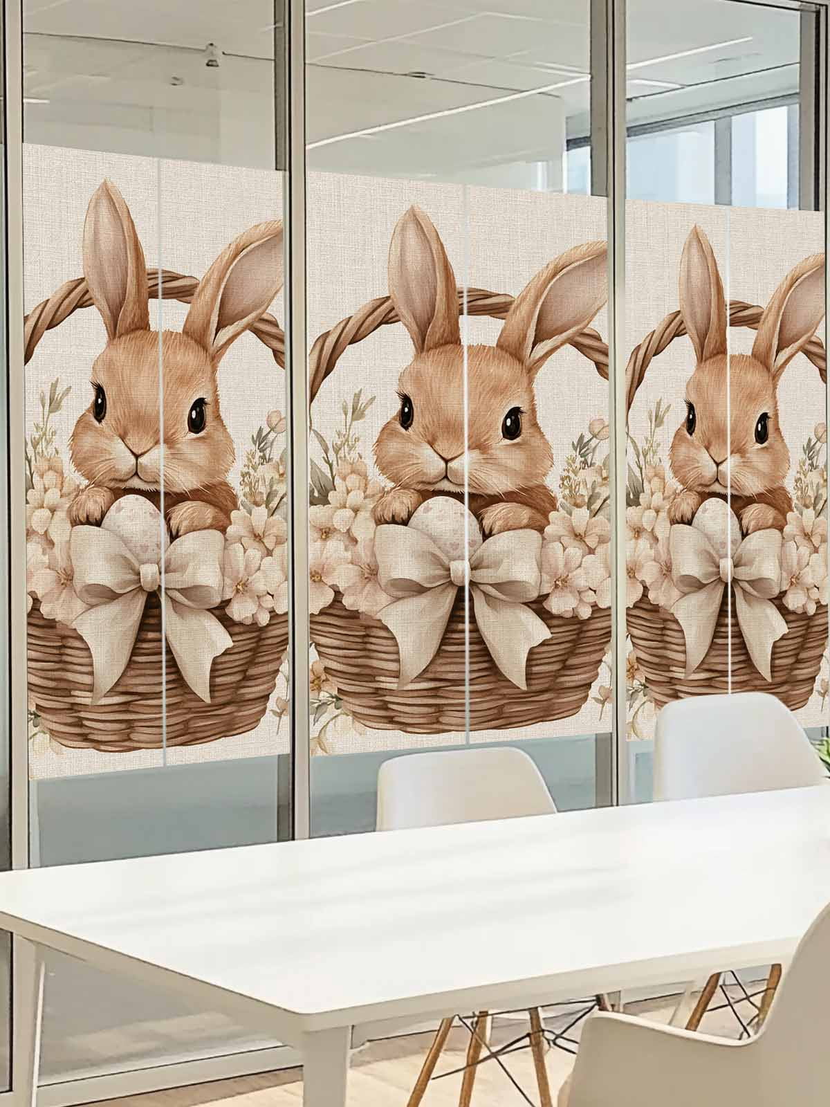 Easter Basket Rabbit Window Privacy Film, Vintage Bowknot Egg Spring Floral Leaf Linen Texture Frosted Glass Window Clings Static Cling Heat Blocking Reusable Door Sticker for Bedroom 23.6x78.7 Inch