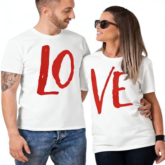 Couple T Shirt Couple Love Matching Outfits - LO VE - Valentine T-Shirt Short Sleeve Minimalist Clothing for Woman Man, 2 Pack