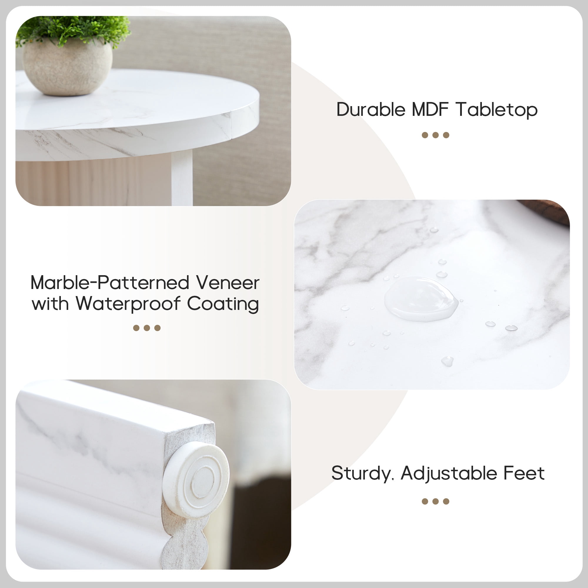 YOCWO Round Small End Tables for Living Room with Wave Base, Mordern MDF Side Table for Bedroom Small Space with Marble Veneer Finish, White