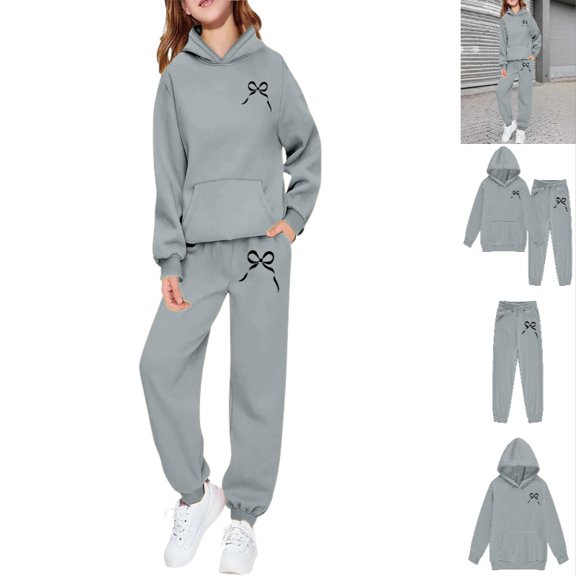 Krdevn Girls Trendy Bow Printed Hoodie Set, Pullover Hooded Sweatshirt & Loose Jogger Pants Loungewear,Grey