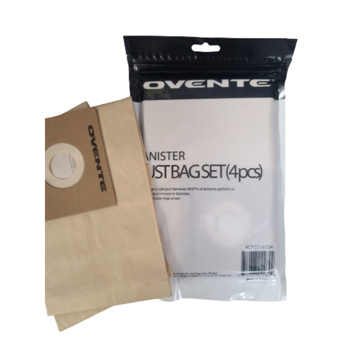 Ovente Pack of 4 Compact Dust Disposal Bags Replacement Bundle for ST1600 Canister Vacuum Cleaner Series with Bonus of 1 Premium Filter Ultra Filtration of Small Particles, Brown ACPST16041 - image 3 of 7
