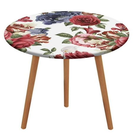

Bybiment Round Fitted Tablecloth with Elastic Edge Floral Pattern Roses Watercolor Decorative Tablecloth Table Cover 47 Inch