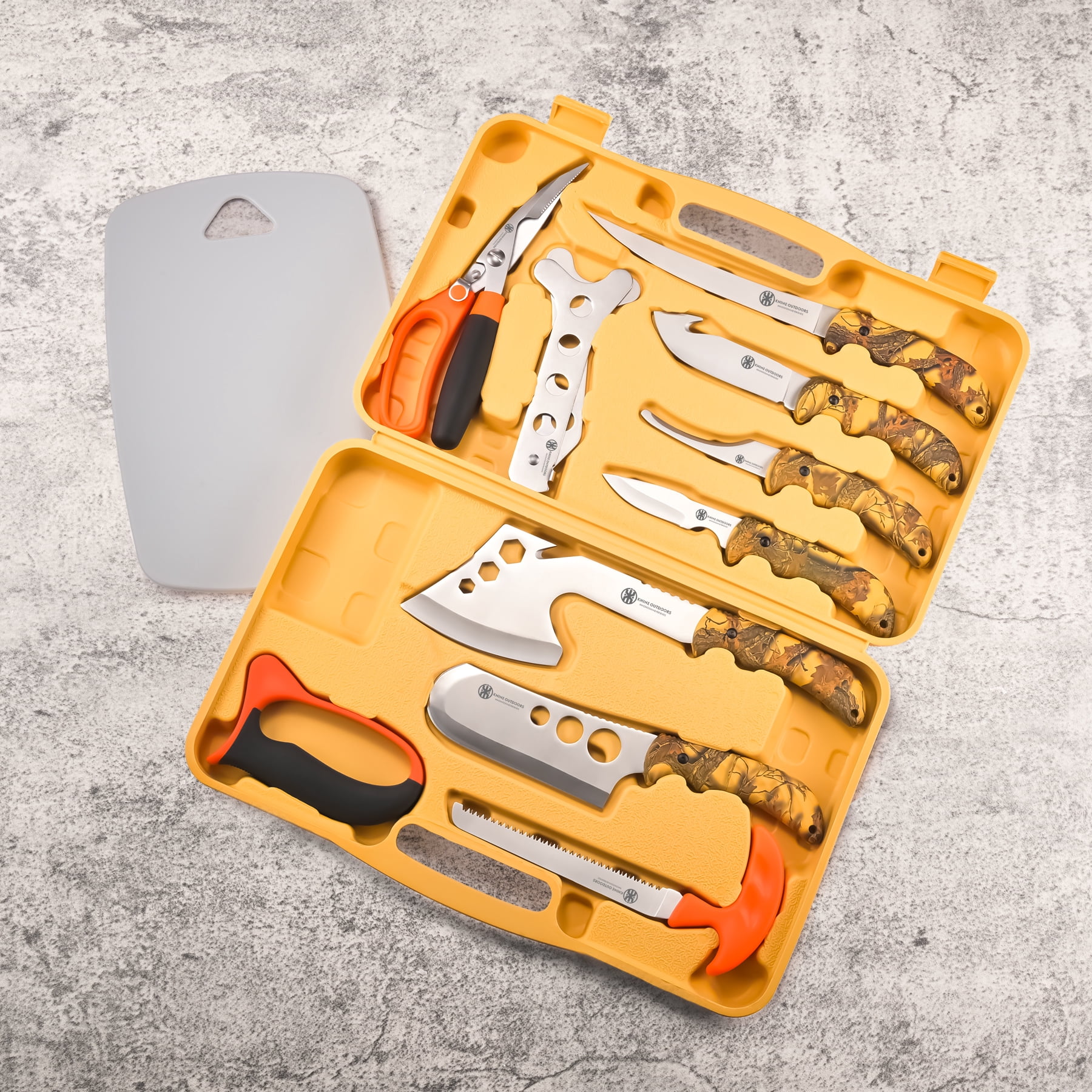 KNINE OUTDOORS 2022 Hunting Deer Knife Set Yellow Handle Field Dressing Kit Portable Butcher Game Processor Set, 12 Pieces