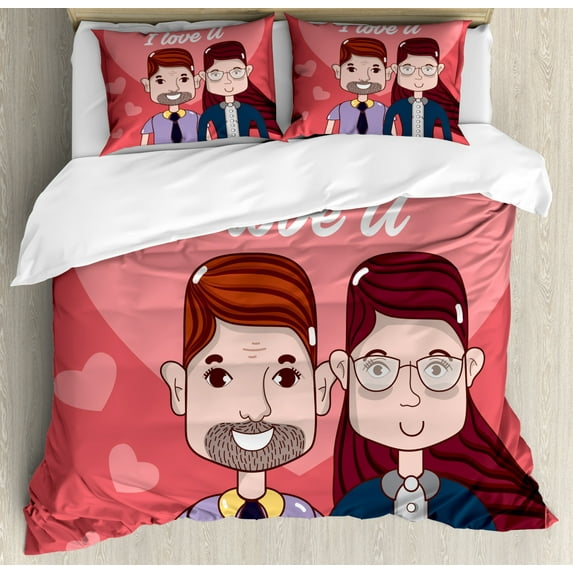 Nerdy Duvet Cover Set Queen Size, I Love You Calligraphy with Heart Cartoon Couple Valentine's Day Themed Composition, Decorative 3 Piece Bedding Set with 2 Pillow Shams, Multicolor, by Ambesonne