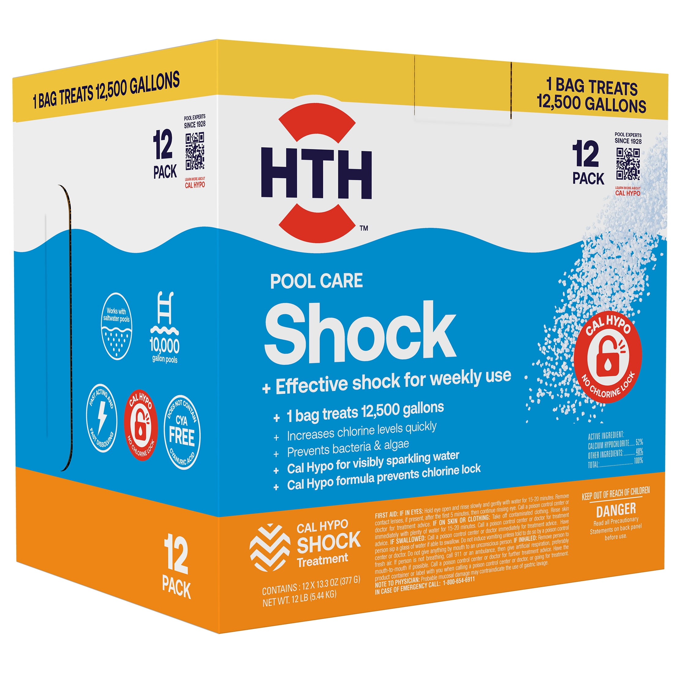 HTH Pool Care Chlorine Shock Granules for Algae Prevention, Fast-Acting, 12 pack