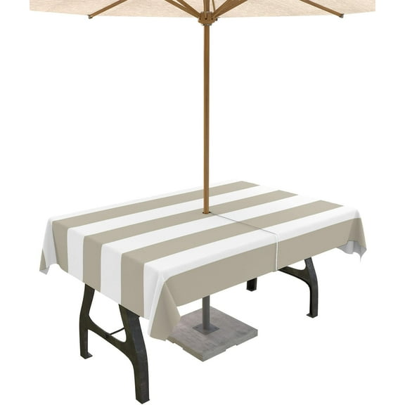 Outdoor Tablecloth with Umbrella Hole and Zipper Classical Stripe Rectangle Tablecloths 60x84 Waterproof Outside Table Cloths Khaki Patio Table Cloth Cover for Outdoor Tables Picnic Garden Party