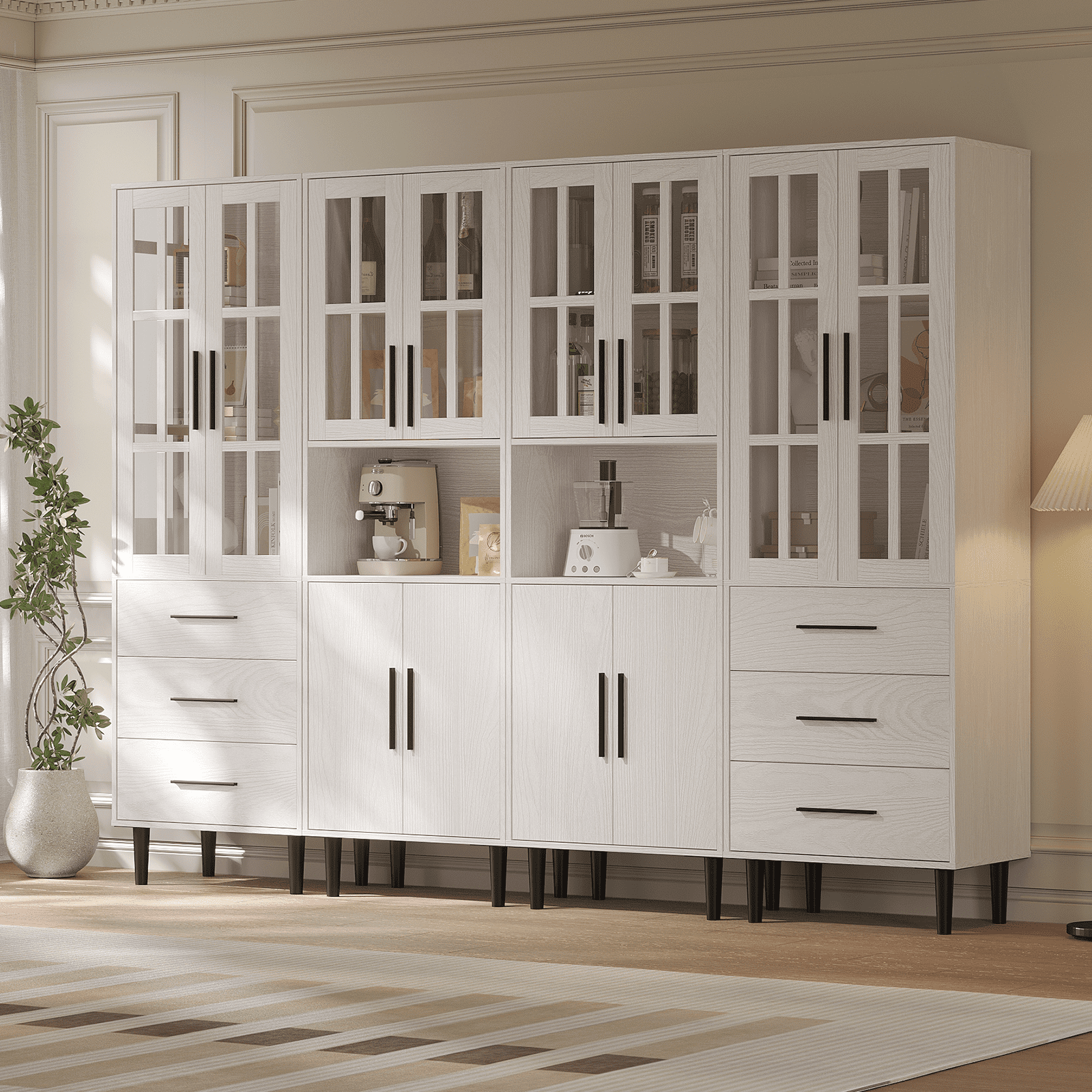 RichYa 4Pcs Pantry Storage Cabinet Set,Modern Sideboard Buffet Cabinets with Drawers & Display Glass Doors for Kitchen,Dining Room,White(BBCC)