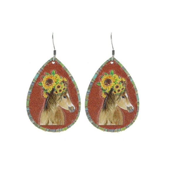 Womens Earrings Sunflower Horse Western Teardrop Fishhook Leatherette Jewelry