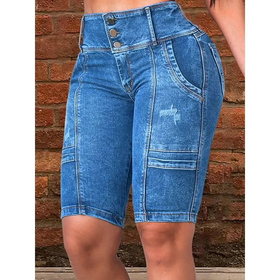 ROAD MARKINGS High Waist Denim Bermuda Shorts, 3-Button Closure, Distressed Detail, Medium Wash (US, Alpha, Small, Regular, Regular, Blue)