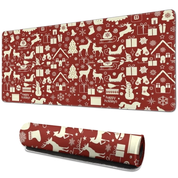 Long Mouse Pads for Desk,Red Christmas Icon Pattern Desk Mats on Top Of Desks, Desk Mouse Pad Extra Large with 3mm Non-Slip Base and Stitched Edge for Gaming,Office,Work,Home 31.5x11.8in