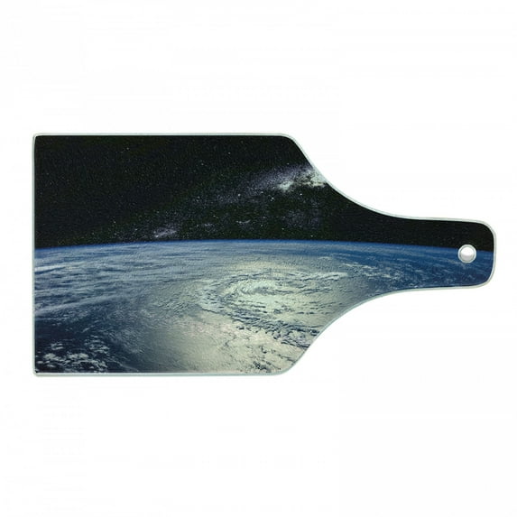 Earth Cutting Board, Majestic Universe Image with Earth and Distant Nebula Clouds Waters, Decorative Tempered Glass Cutting and Serving Board, Wine Bottle Shape, Pale Grey Pale Blue, by Ambesonne