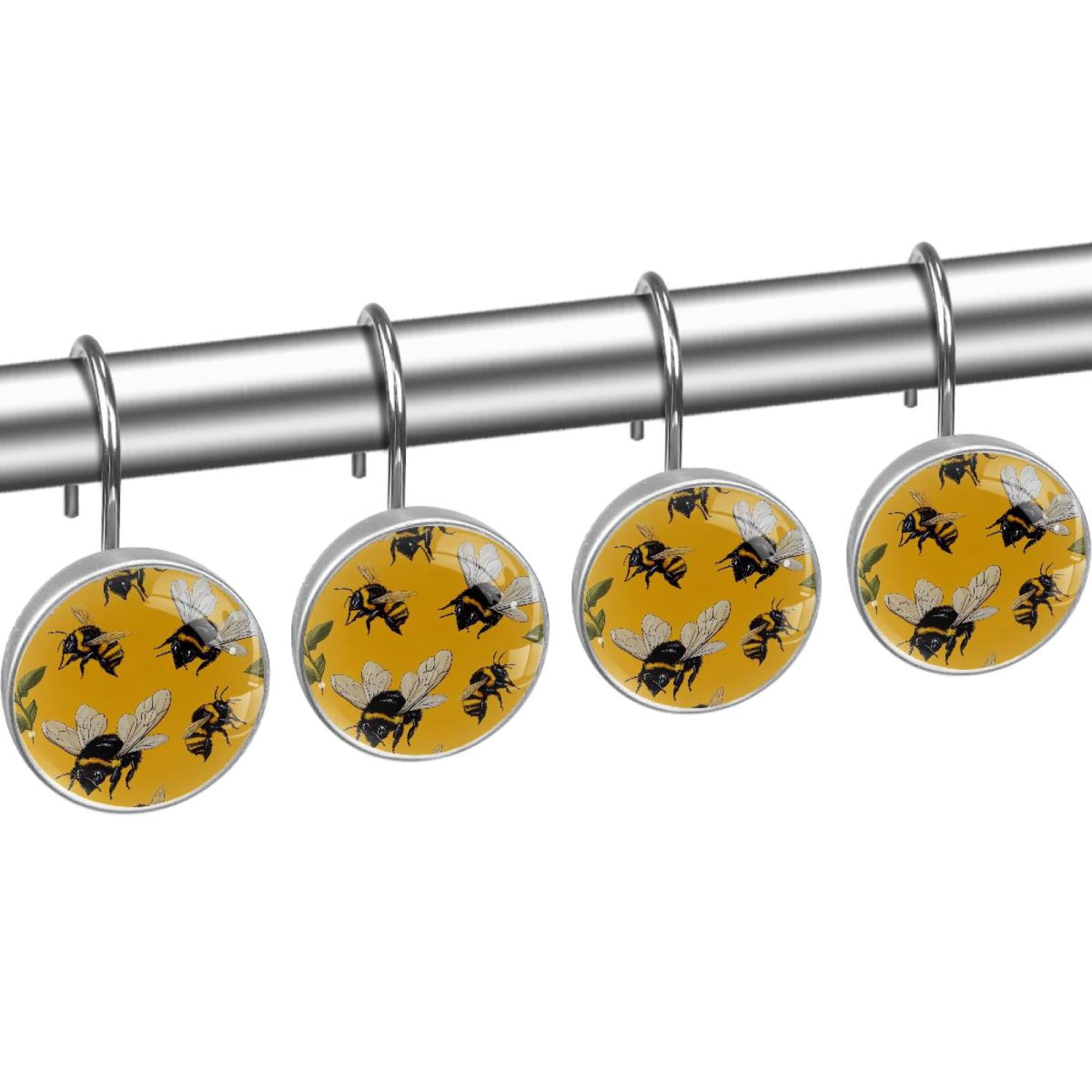 Honey Bees White Daisy Shower Curtain Hooks Round Crystal Glass, Set of 12 Shower Curtain Rings - Shower Hooks for Curtain Shower Rings