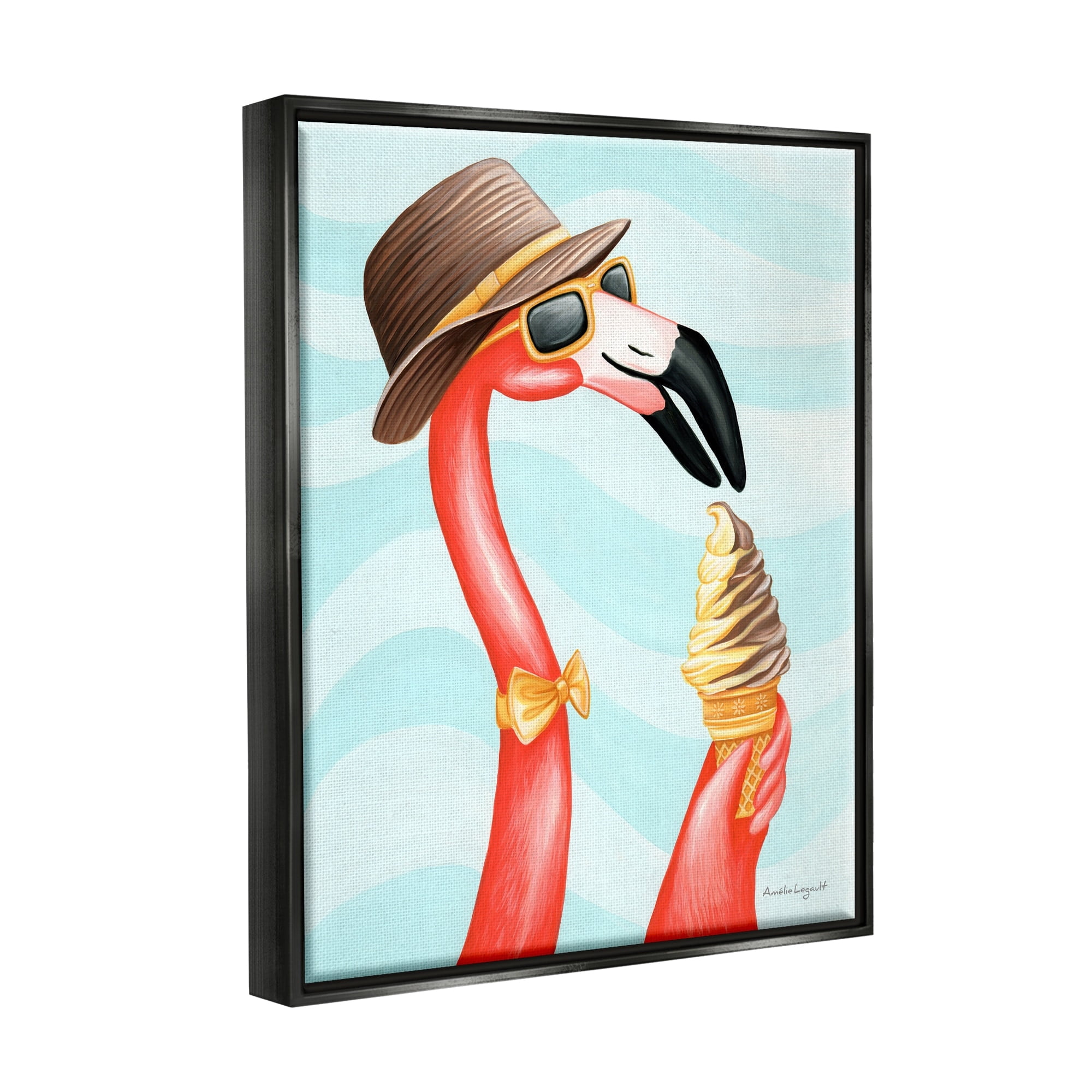 Stupell Industries Dapper Flamingo Summertime Ice Cream Cone Snack Graphic Art Luster Gray Floating Framed Canvas Print Wall Art, Design by Amelie Legault