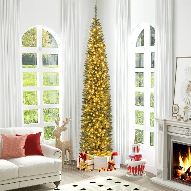 Gymax 9 ft Pre-Lit Artificial Christmas Tree Slim Pencil Xmas Tree Holiday Party Decor