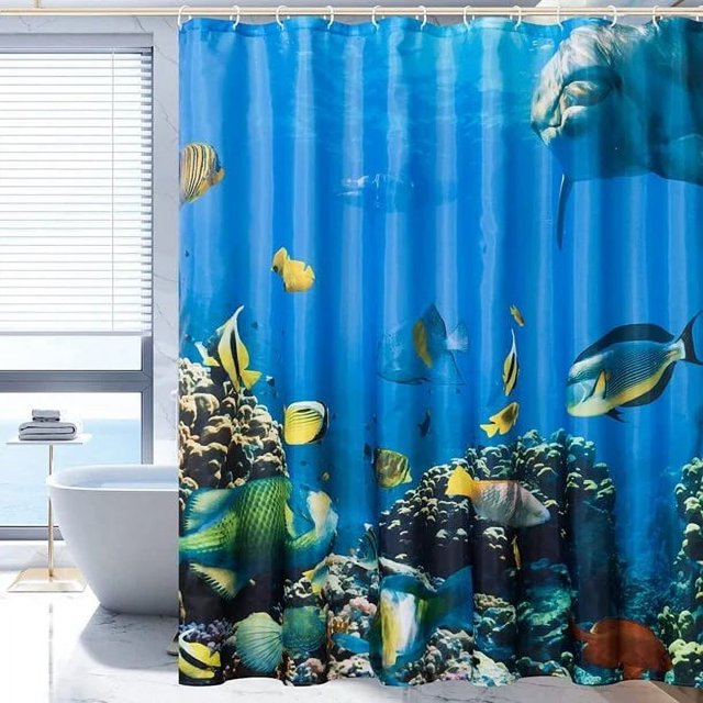 Subrtex Cortina de Ducha Moderna para Baño, Cortinas de Ducha de Secado Rápido, Duraderas y Lavables con 12 Ganchos(72'' x 72'', pez delfín)