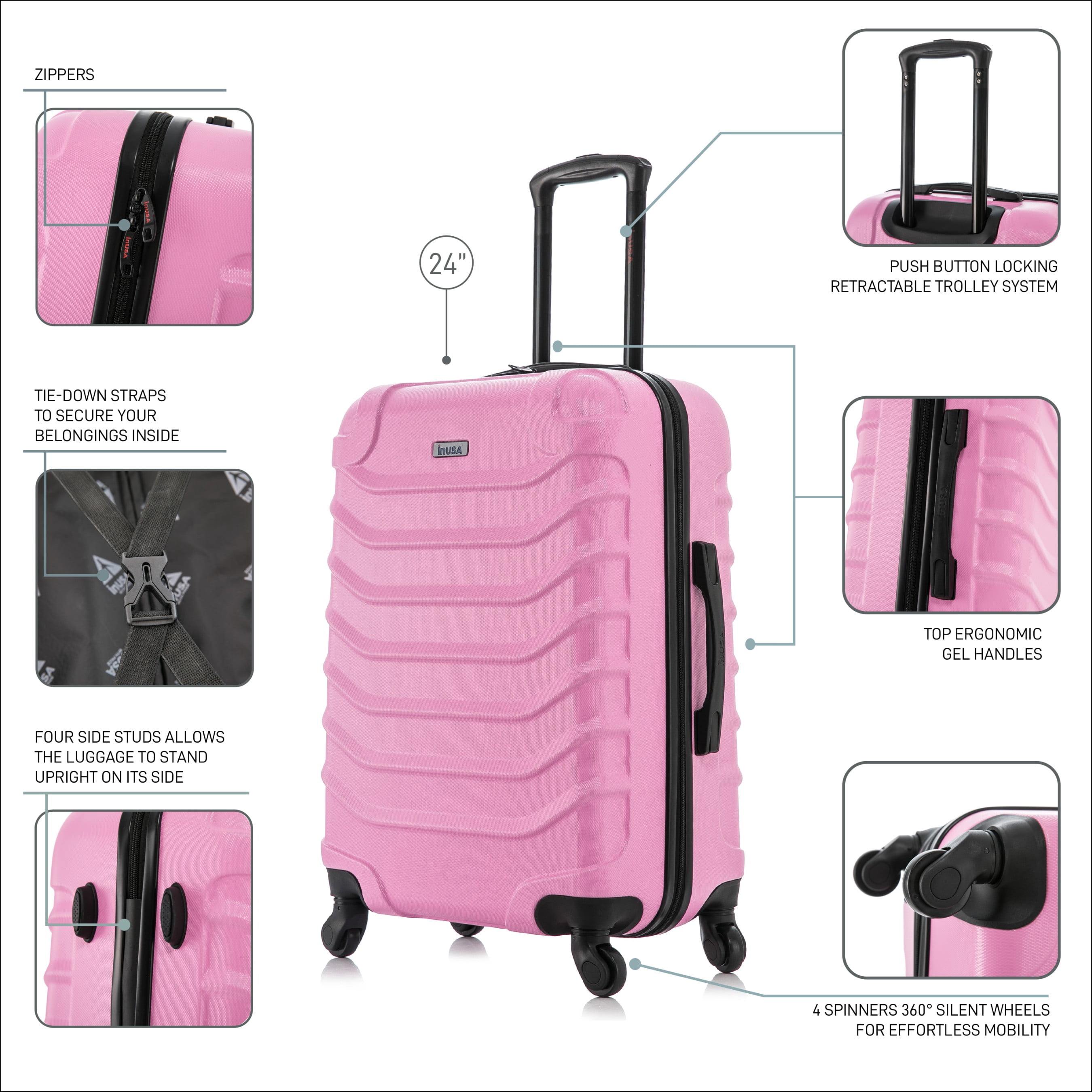 InUSA Endurance 24" Hardside Lightweight Luggage with Spinner Wheels, Handle, and Trolley, Pink