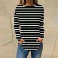 thumbnail image 2 of larppty Womens Trendy Long Sleeve Round Neck Striped Shirts Basic Loose Casual Tunic Tops with Curved Hem (Black, L), 2 of 5