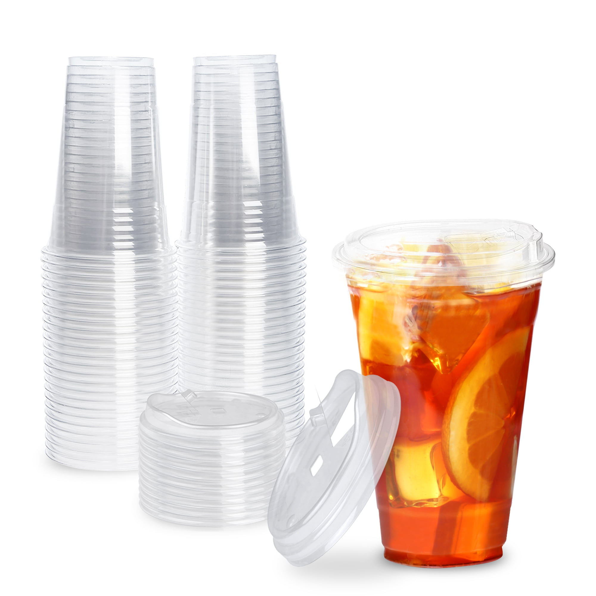 [100 Pack] Disposable Strawless Plastic Cups with Lids