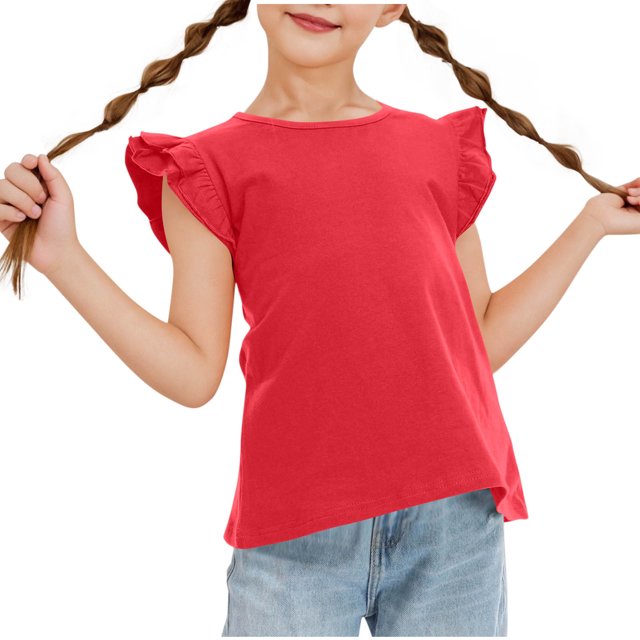 Girls Ruffle Sleeve Shirts Summer Crewneck Tee Tops Casual Cute Blouse Red 12-13 Years