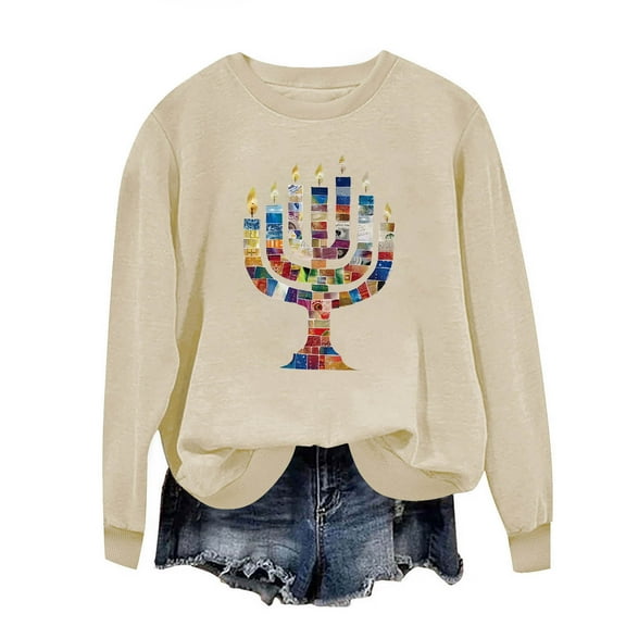 successthop Hanukkah Sweatshirt for Women Candle Fleece Crewneck Long Sleeve Festival Sweater Jewish Pullover Top